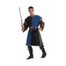 Hombre con tabardo medieval azul y negro con bordes dorados