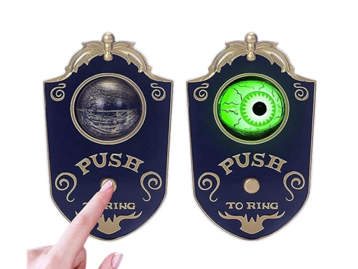 Timbre de puerta de Halloween con placa azul y dorada, botón PUSH TO RING y ojo verde