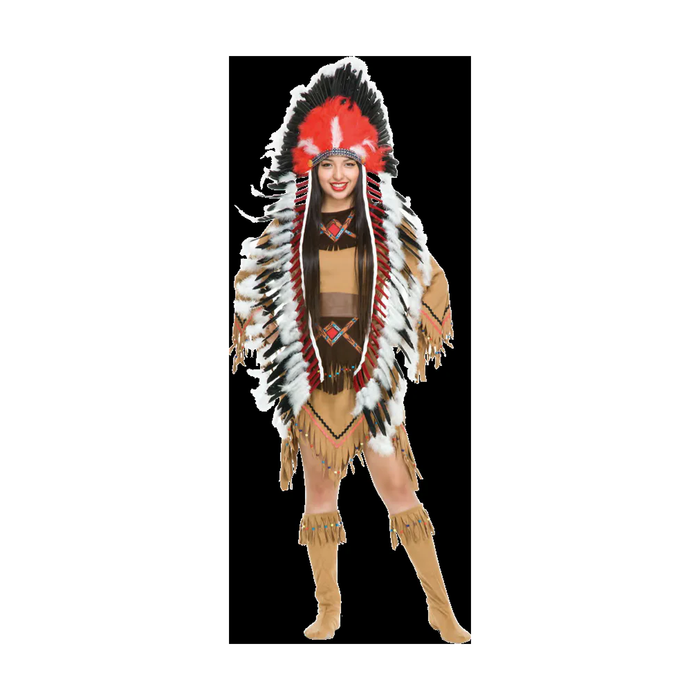 Tocado tribal de plumas rojas y blancas con puntas negras y cola larga