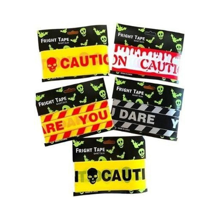 Bandas de peligro Halloween Fright Tape 6 m x 7,5 cm en cinco diseños con textos CAUTION y YOU DARE
