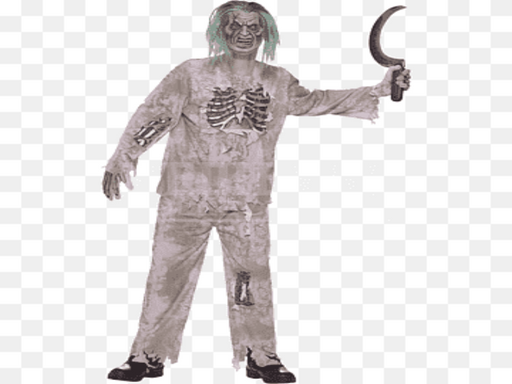 Camisa zombie gris rasgada con herida y costillas en el pecho, usada en disfraz completo