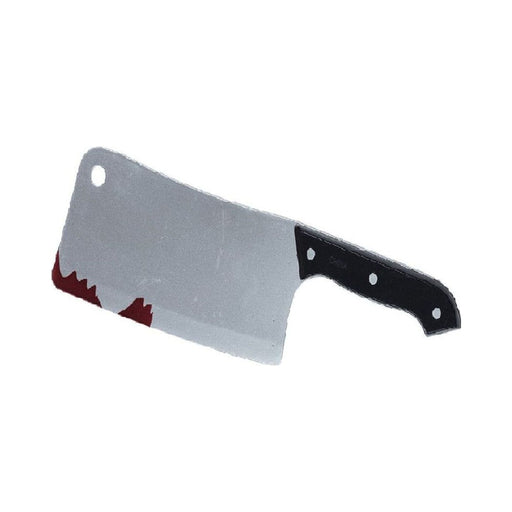 Cuchillo carnicero de plástico plateado con mango negro y manchas de sangre falsa