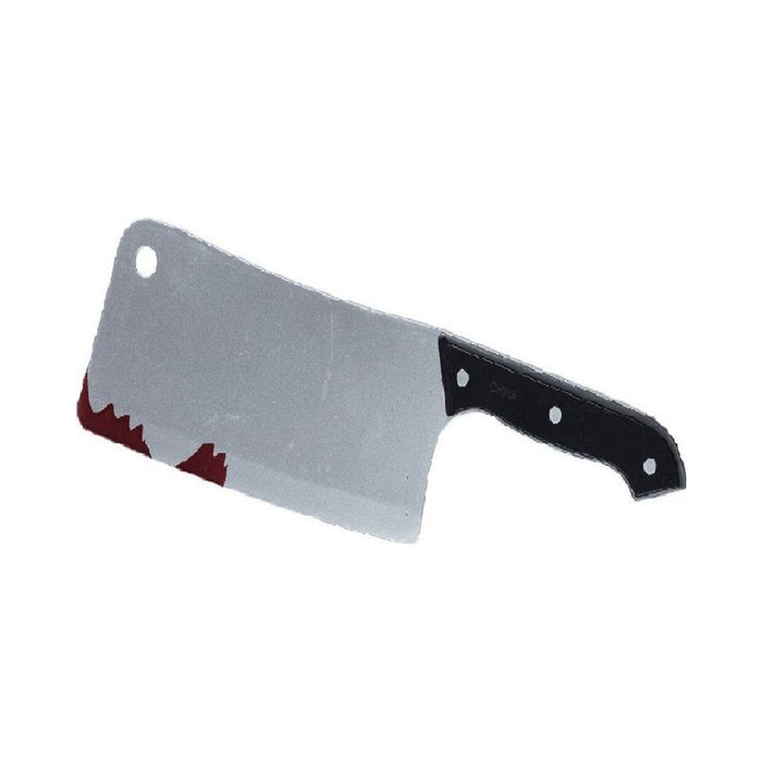 Cuchillo carnicero de plástico plateado con mango negro y manchas de sangre falsa