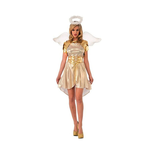 Disfraz de ángel dorado para mujer con vestido dorado, alas blancas y aureola