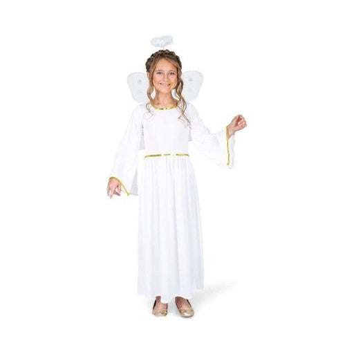 Disfraz de ángel para niña, vestido largo blanco con ribetes dorados, alas blancas y aureola