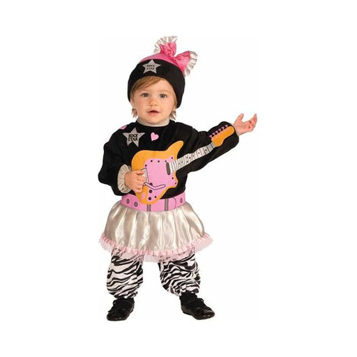 Disfraz Baby Ochentera para guagua, vestido negro con guitarra estampada, falda plateada y gorro negro con moño rosado