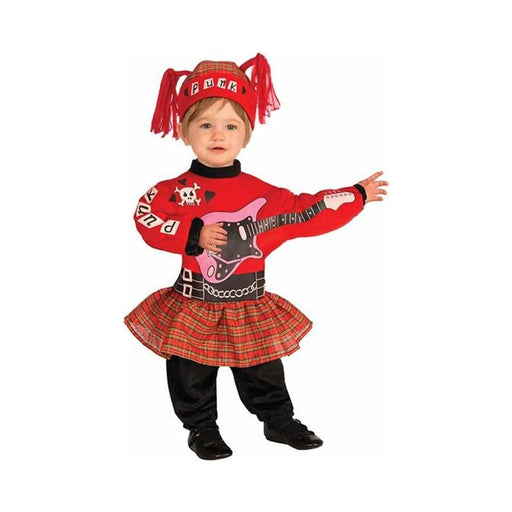Disfraz Baby Punk para guagua, vestido rojo con guitarra estampada, falda escocesa y gorro rojo Punk