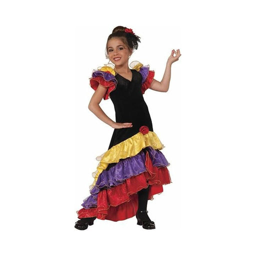Disfraz bailarina de flamenco para niña, vestido negro con vuelos rojos, amarillos y morados y rosa en el pelo