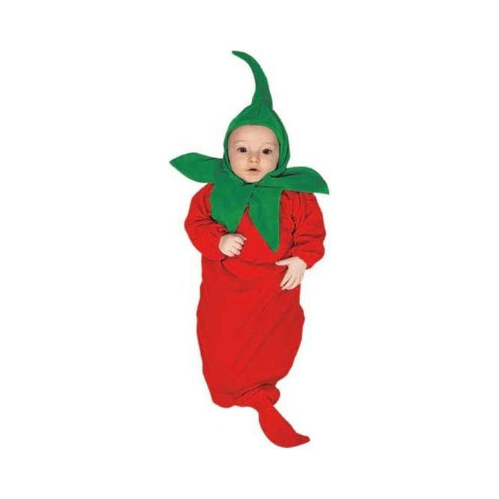 Disfraz de ají rojo para bebé, saco rojo tipo bunting con capucha verde en forma de tallo