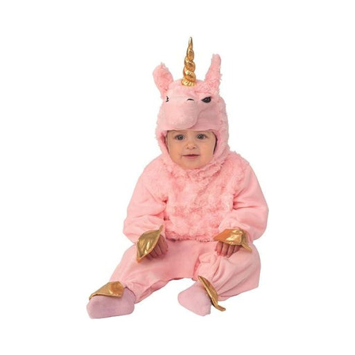 Disfraz de llama unicornio para bebé, enterito rosado con capucha de cuerno dorado y pezuñas doradas