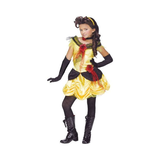 Disfraz Belleza Gótica para niña, vestido amarillo y negro con guantes largos negros y flores rojas