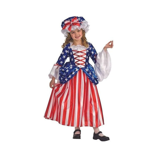 Disfraz Betsy Ross para niña, vestido colonial con falda a rayas rojas y blancas, corpiño azul con estrellas y gorro