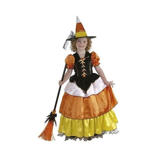 Disfraz de bruja Candy Corn para niña, vestido negro, naranjo, blanco y amarillo con gorro de bruja