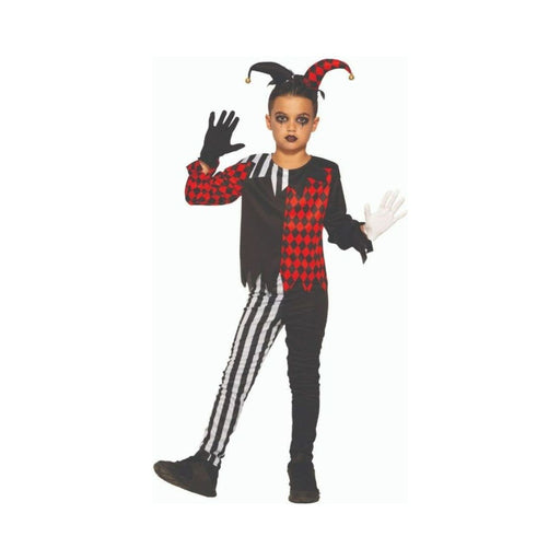 Disfraz de bufón para niño, traje rojo y negro con rombos, pantalón a rayas y sombrero de bufón