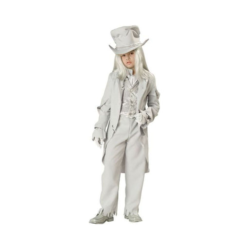 Niño con disfraz de caballero fantasmal, traje gris con chaqueta larga, sombrero de copa y peluca gris