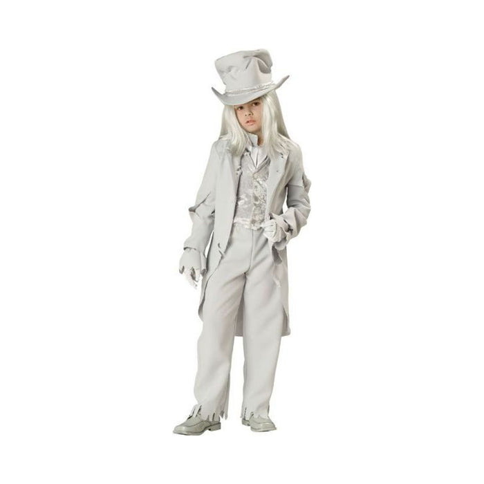 Niño con disfraz de caballero fantasmal, traje gris con chaqueta larga, sombrero de copa y peluca gris