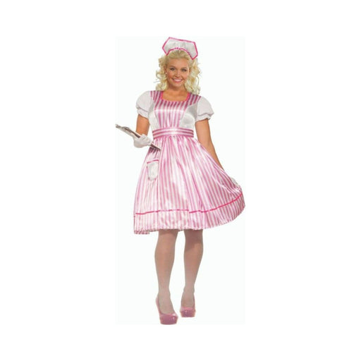 Disfraz de camarera Candy para mujer, vestido a rayas rosadas y blancas con mangas abullonadas y tocado
