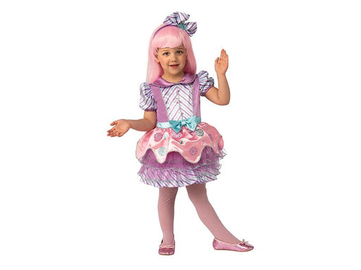 Disfraz Candy Girl para niña, vestido rosado y lila con dulces estampados y cintillo de moño a rayas