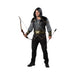 Disfraz cazador arquero para hombre, túnica gris y negra con capucha, correa cruzada al pecho y cinturón dorado