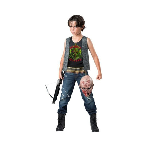 Disfraz cazador de zombies para niño, polera negra Zombie Hunter, chaleco gris y cinturón de balas