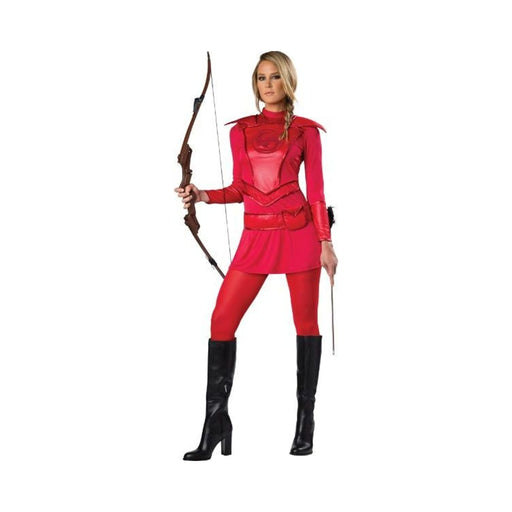Disfraz cazadora de guerreros para mujer, vestido rojo con hombreras, emblema de fénix y cinturón con bolsito