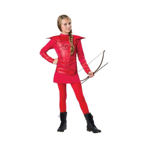 Disfraz cazadora de guerreros para niña, vestido rojo con hombreras y emblema de fénix, cinturón con bolsito y calzas rojas