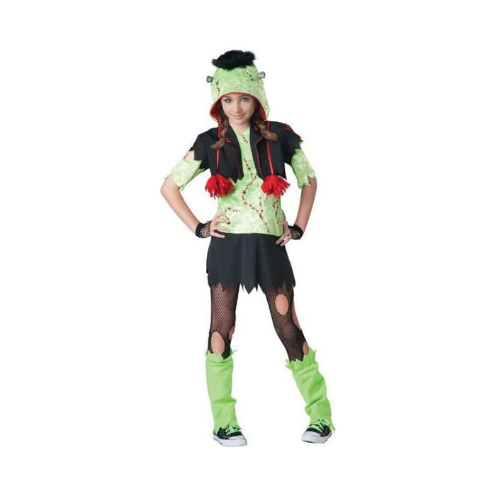 Disfraz chica monstruo para niña estilo Frankenstein, capucha verde con tornillos y pelo negro, polera verde, falda negra