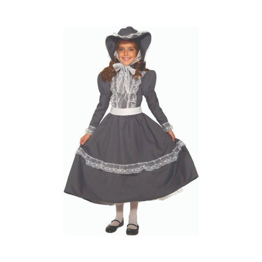 Disfraz Chica de la Pradera, vestido largo gris con encaje blanco, cinturón blanco y gorro gris a juego