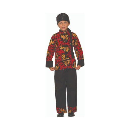 Disfraz Chino Zen para niño, túnica roja con estampado dorado y pantalón negro