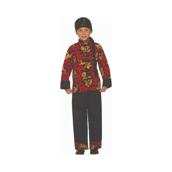 Disfraz Chino Zen para niño, túnica roja con estampado dorado y pantalón negro