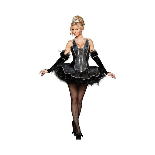 Disfraz cisne negro para mujer, vestido de ballet negro y plateado con tutú de plumas y mangas largas negras