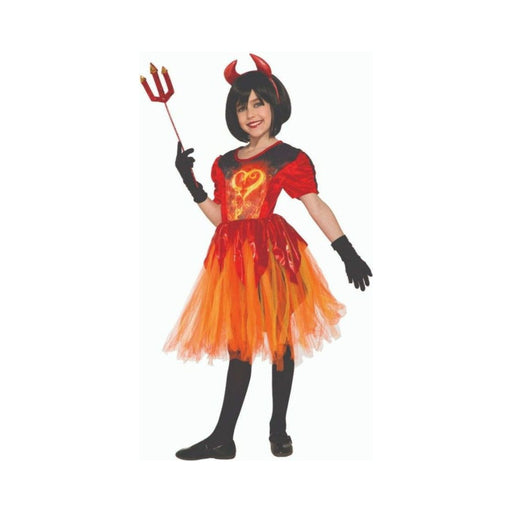 Disfraz diabla en llamas para niña, vestido rojo con corazón de fuego, falda de tul naranja y cuernos rojos