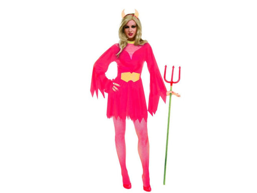 Disfraz de diabla para mujer, vestido rojo corto con mangas en puntas y cintillo con cuernos