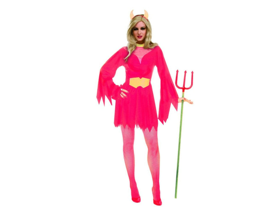 Disfraz de diabla para mujer, vestido rojo corto con mangas en puntas y cintillo con cuernos