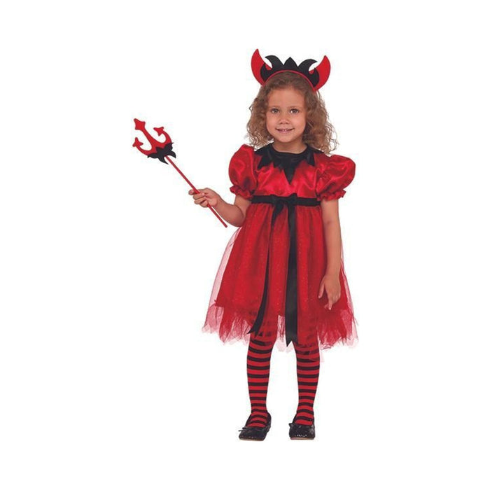 Disfraz de diablita para niña, vestido rojo y negro con falda de tul, cintillo de cuernos y tridente