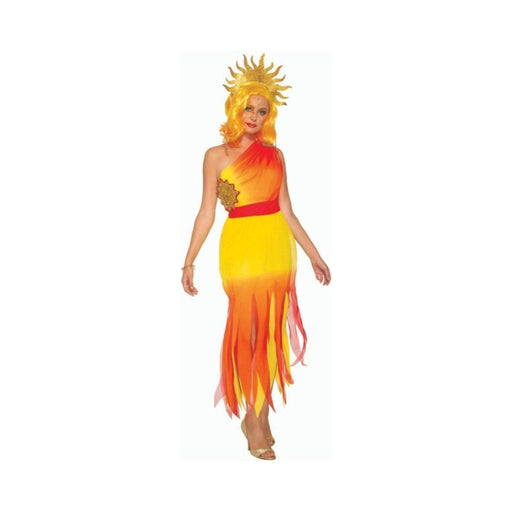 Disfraz Diosa del Sol mujer, vestido largo amarillo y naranjo de un hombro con corona dorada de sol
