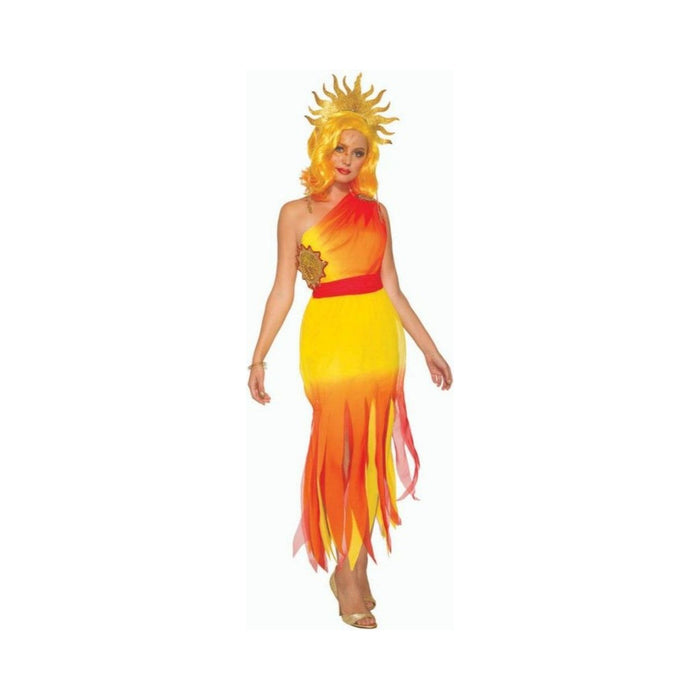 Disfraz Diosa del Sol mujer, vestido largo amarillo y naranjo de un hombro con corona dorada de sol