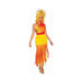 Disfraz Diosa del Sol mujer, vestido largo amarillo y naranjo de un hombro con corona dorada de sol