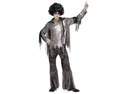 Disfraz disco zombie para hombre, camisa plateada con jirones y pantalón acampanado gris