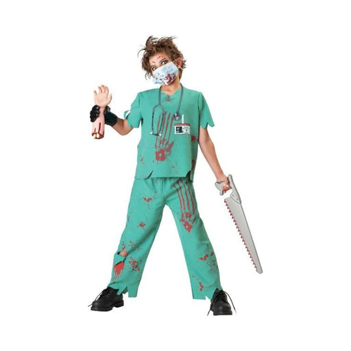 Niño con disfraz de doctor loco Dr. Sane, uniforme médico verde con manchas de sangre y mascarilla