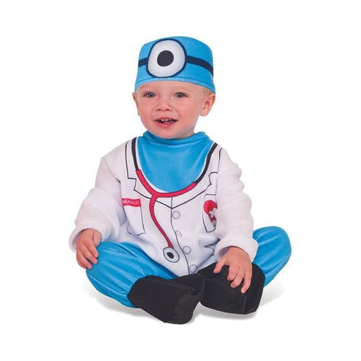 Disfraz de doctor para guagua, enterito blanco y celeste con estetoscopio estampado y gorro celeste con espejo frontal