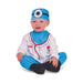 Disfraz de doctor para guagua, enterito blanco y celeste con estetoscopio estampado y gorro celeste con espejo frontal