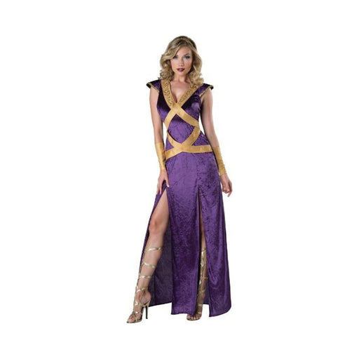Disfraz doncella del bosque oscuro para mujer, vestido largo morado con tiras doradas cruzadas, muñequeras y cintillo dorado