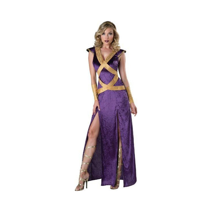 Disfraz doncella del bosque oscuro para mujer, vestido largo morado con tiras doradas cruzadas, muñequeras y cintillo dorado
