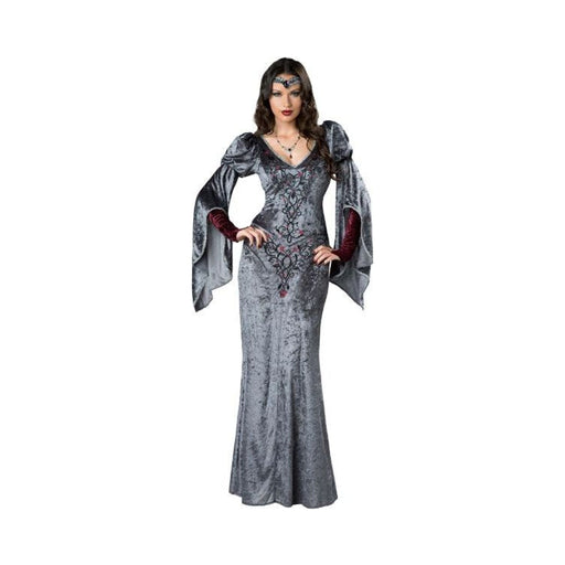 Disfraz Doncella Medieval para mujer, vestido largo gris de terciopelo con mangas campana y cintillo con joya