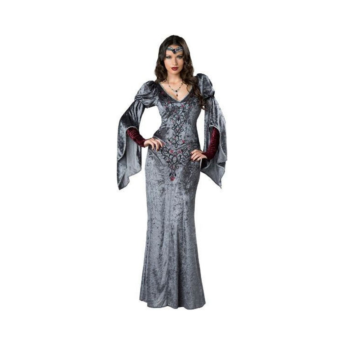 Disfraz Doncella Medieval para mujer, vestido largo gris de terciopelo con mangas campana y cintillo con joya