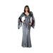 Disfraz Doncella Medieval para mujer, vestido largo gris de terciopelo con mangas campana y cintillo con joya