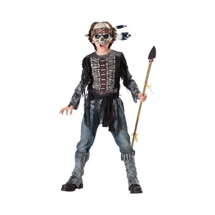 Disfraz espíritu guerrero para niño, túnica con diseño de huesos, media máscara de calavera con plumas y cubrebotas