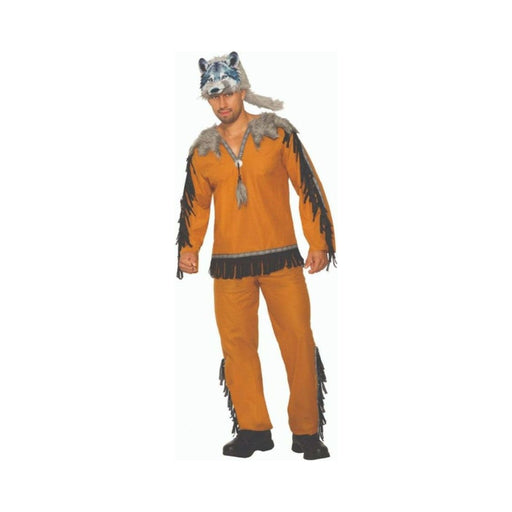Disfraz Espíritu del Lobo para hombre, camisa y pantalón naranjos con flecos negros y gorro con cara de lobo gris