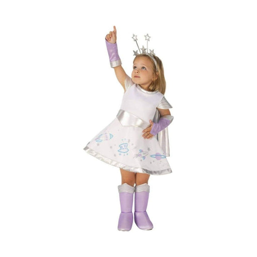 Disfraz Estelar para bebé niña, vestido blanco con estampado espacial, cinturón plateado, mangas y cubrebotas lilas